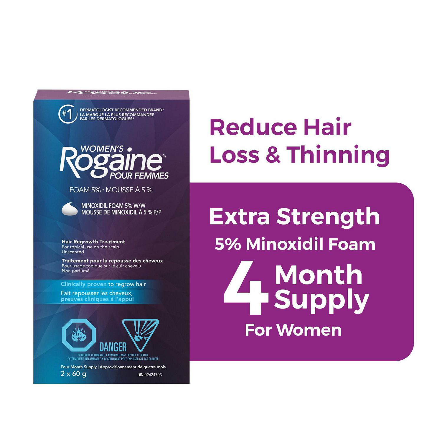 Rogaine Hair Growth Treatment for Women, Daily Hair Loss & Thinning Treatment, 5% Minoxidil Foam - 4 Month Supply, 2x 60 grams.