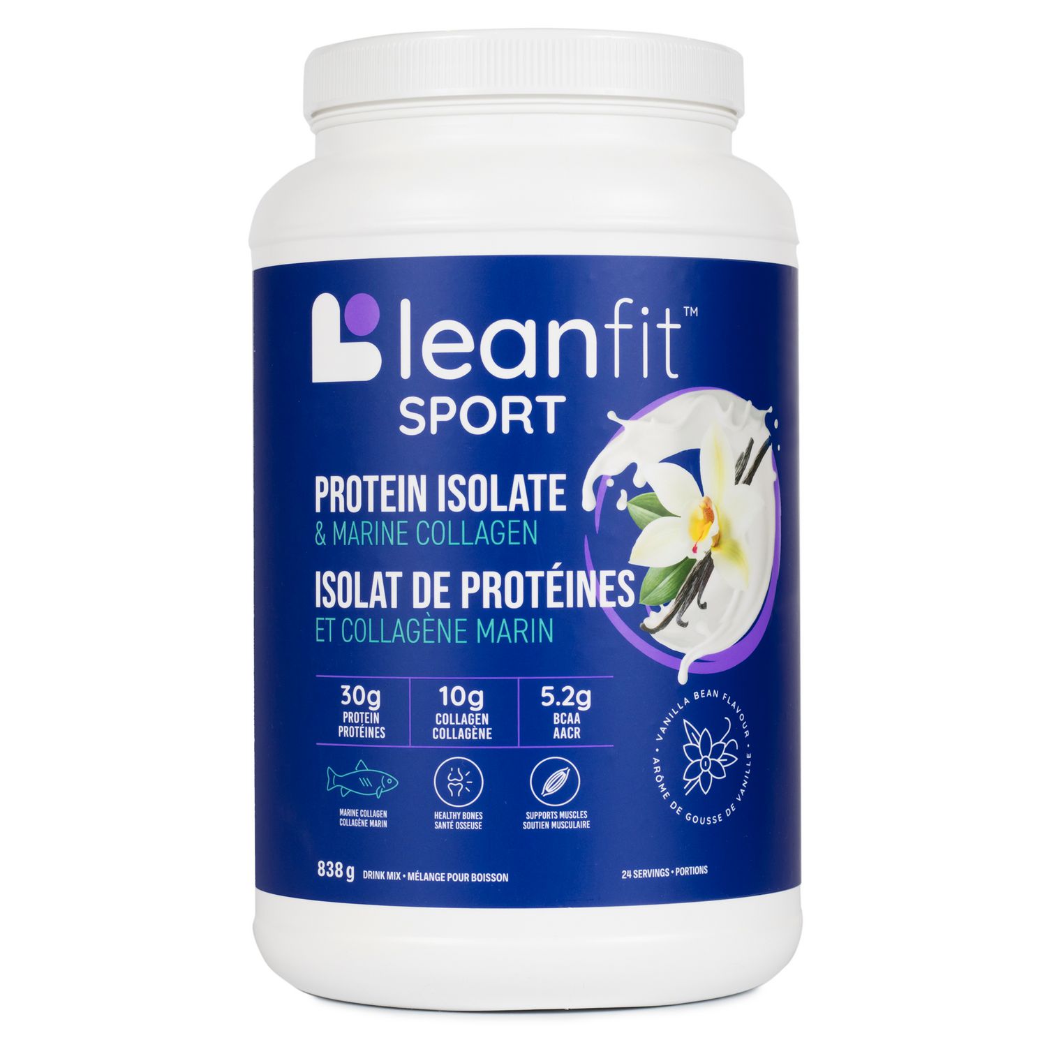 LEANFIT SPORT PROTEIN ISOLATE & MARINE COLLAGEN, Natural Vanilla, Grass-Fed Protein Isolate and 100% Hydrolyzed Marine Collagen Powder (Type I, III), 30g Protein and 10g Collagen Per Serving