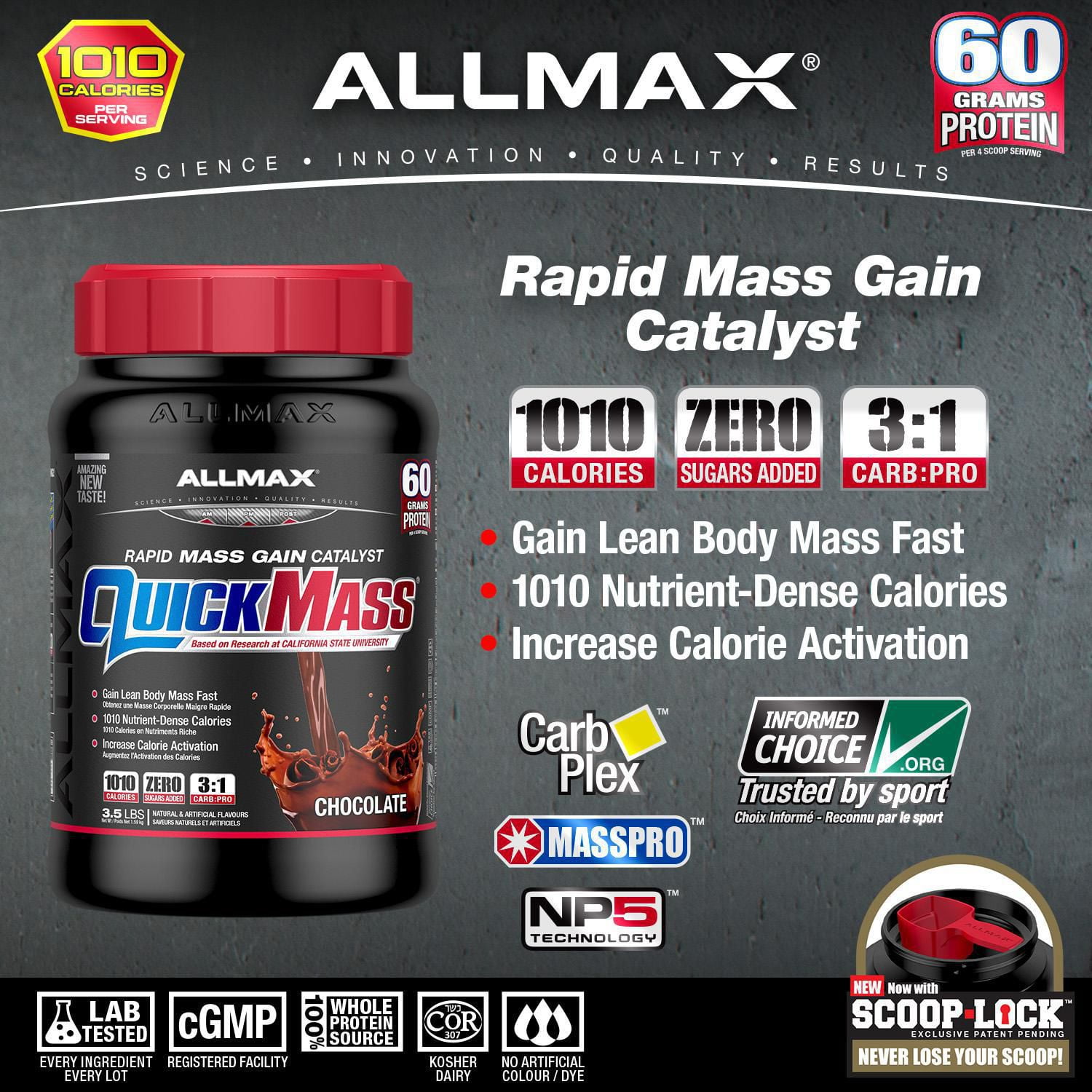 Allmax Quickmass Supplément de poudre de gain de poids au chocola Gain de poids / repas 3.5lb