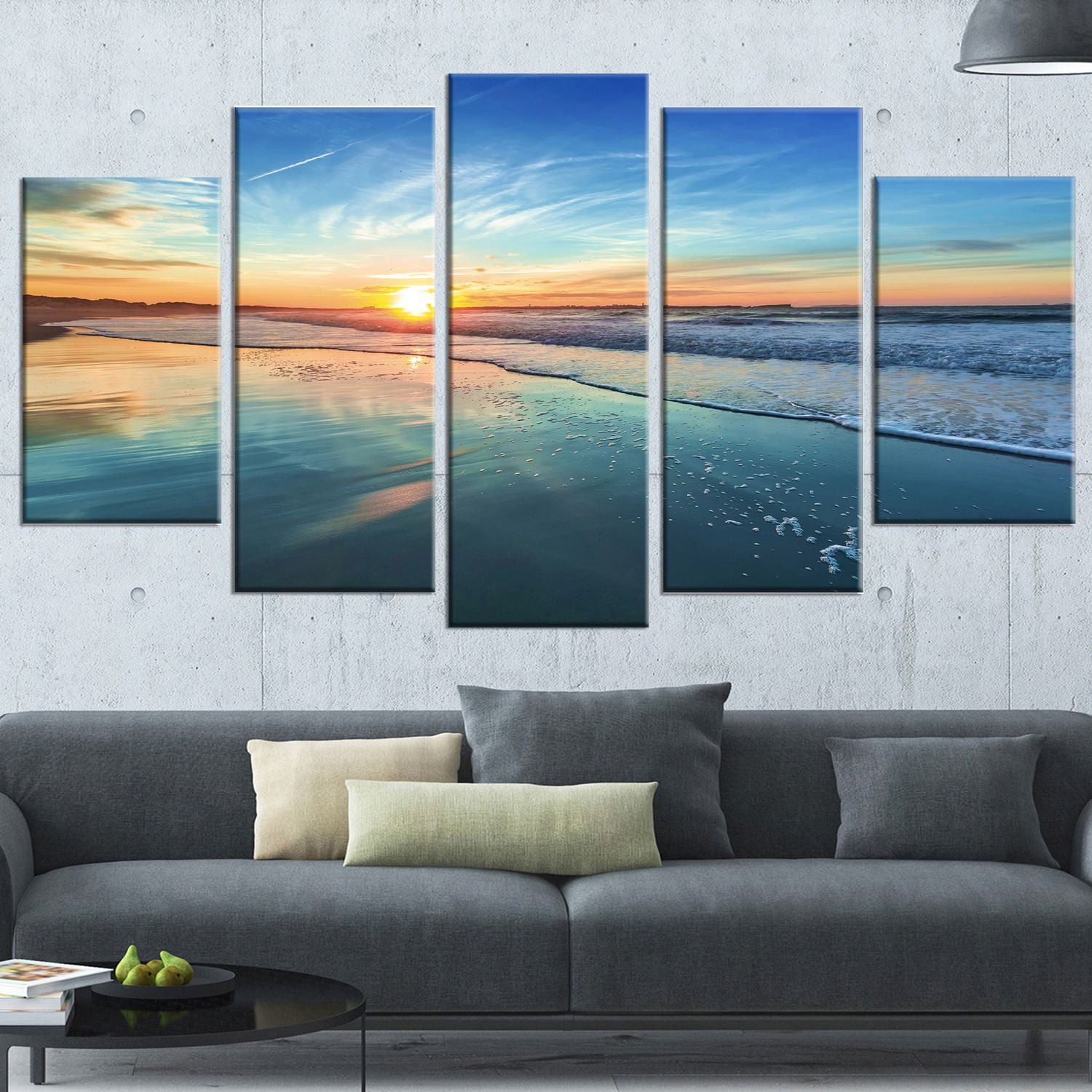 Design Art Blue Seashore with Distant Sunset Seashore Canvas Wall Art ...