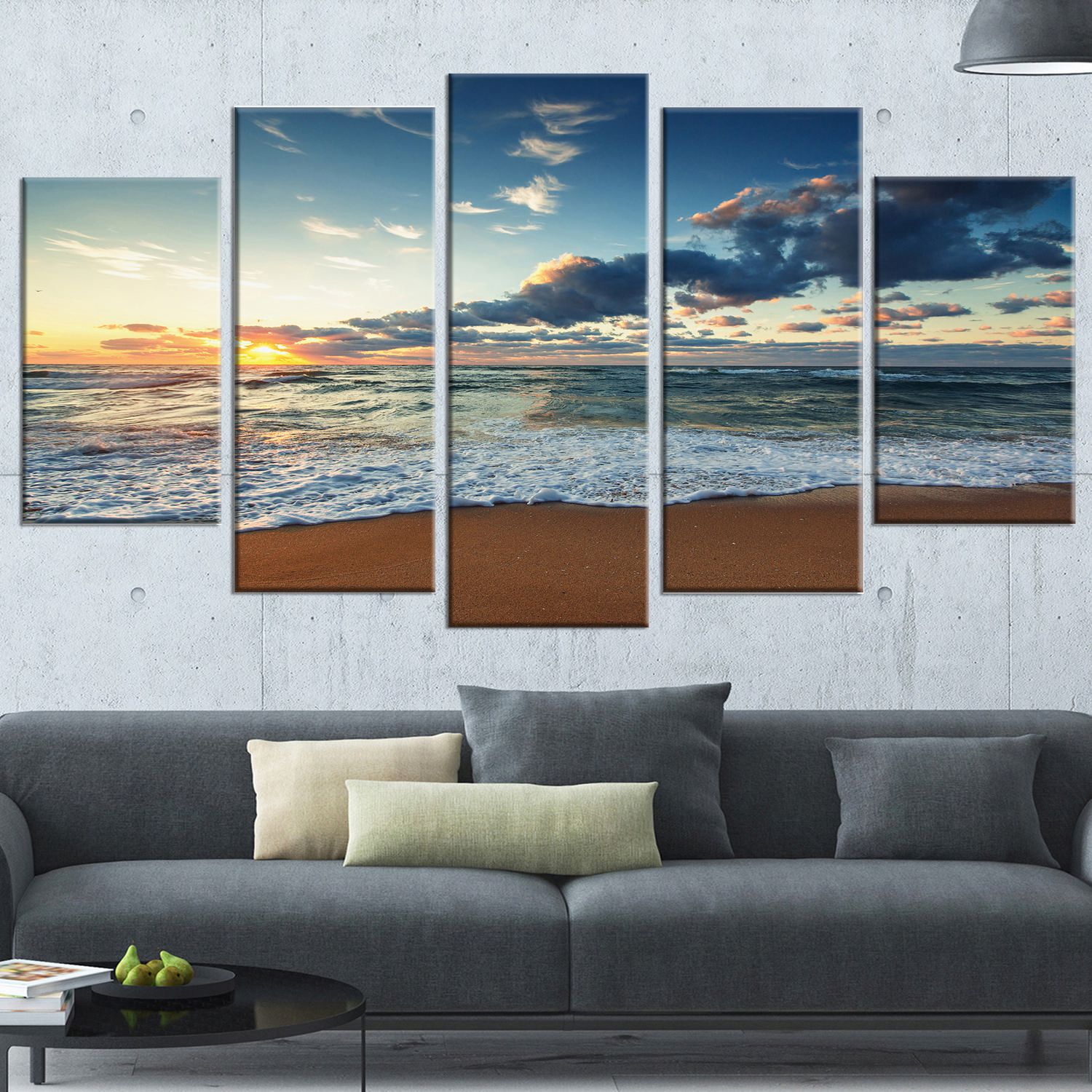 Design Art Sunrise And Glowing Waves in Ocean Seashore Canvas Wall Art ...