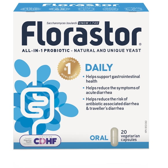 Florastor Daily Probiotic Supplement for Digestive Health, 20 Capsules