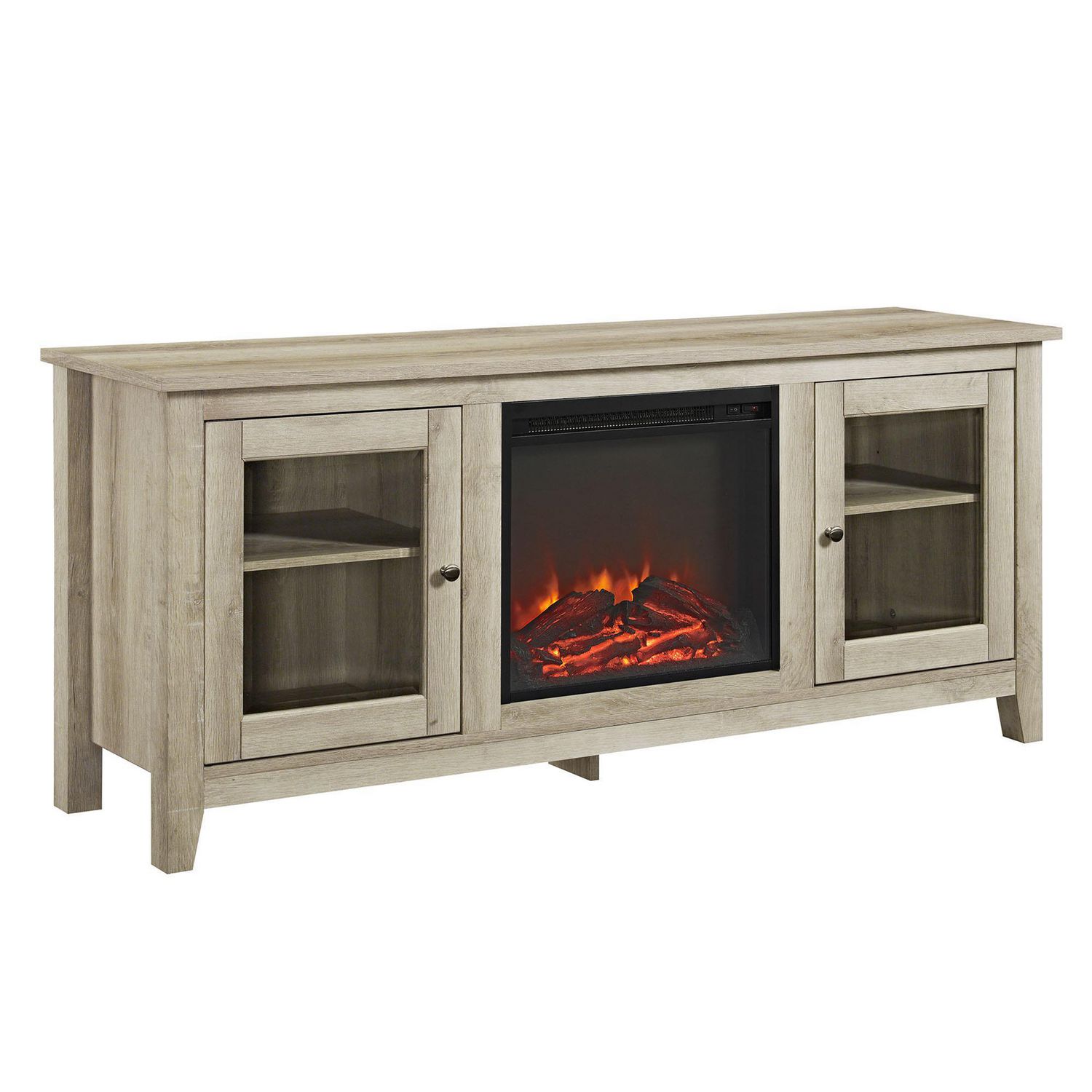 58" Wood White Oak Media TV Stand Console with Fireplace ...