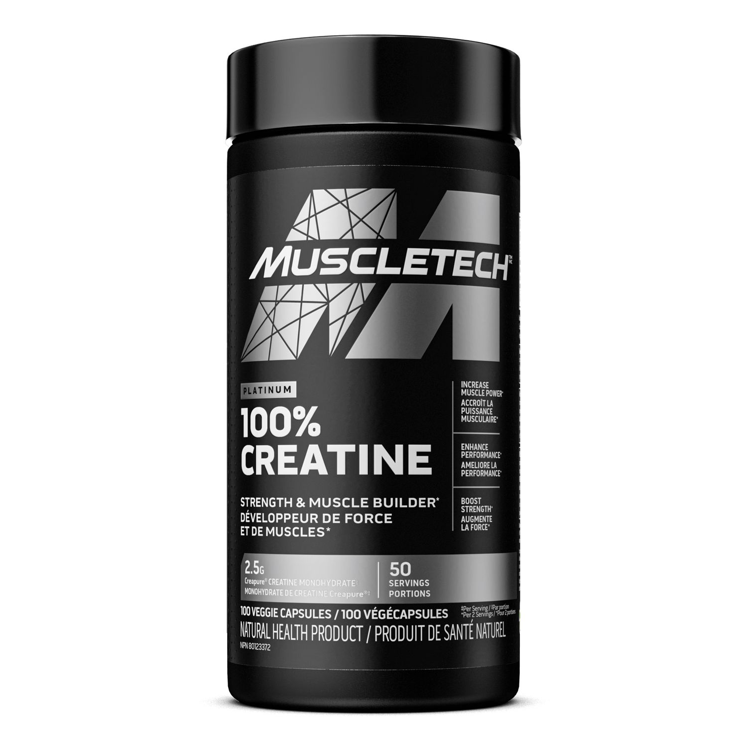 MuscleTech Platinum 100 % créatine - Constructeur de muscles et de force pour hommes et femmes | Supplément de récupération à l'entraînement | 100 gélules végétaliennes | 50 portions