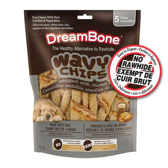 "DreamBone Chips Ondulées au Beurre de Cacahuète Enveloppées de Poulet 5ct, 75g" DreamBone Chips ondulées au beurre de cacahuète enveloppées de poulet 5 ct, 75 g sans cuir brut