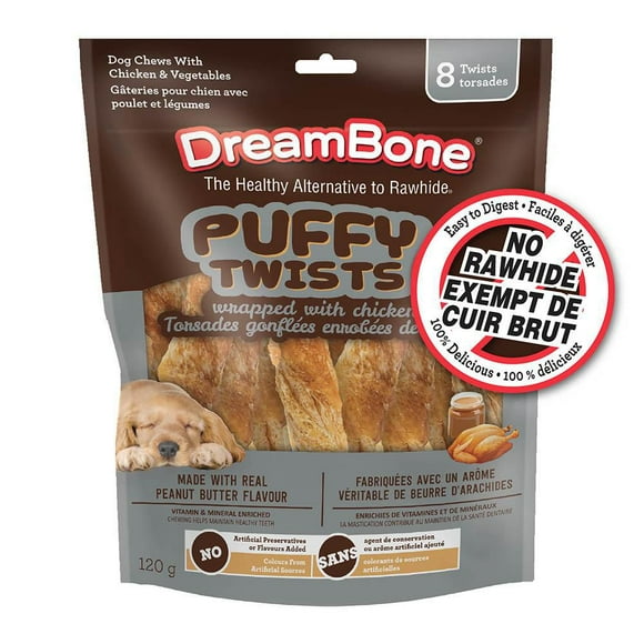 "DreamBone Poulet Enveloppé au Beurre de Cacahuète Puffy Twist 8ct, 4oz, 120g"