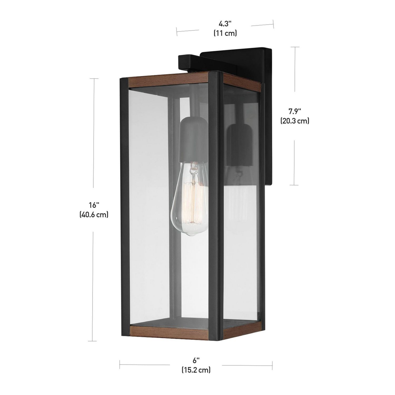 Globe Electric Bowery 1-Light Outdoor Indoor Metal Wall Sconce, Matte Black,  Faux Wood Accents, Clear Glass Shade, 44681