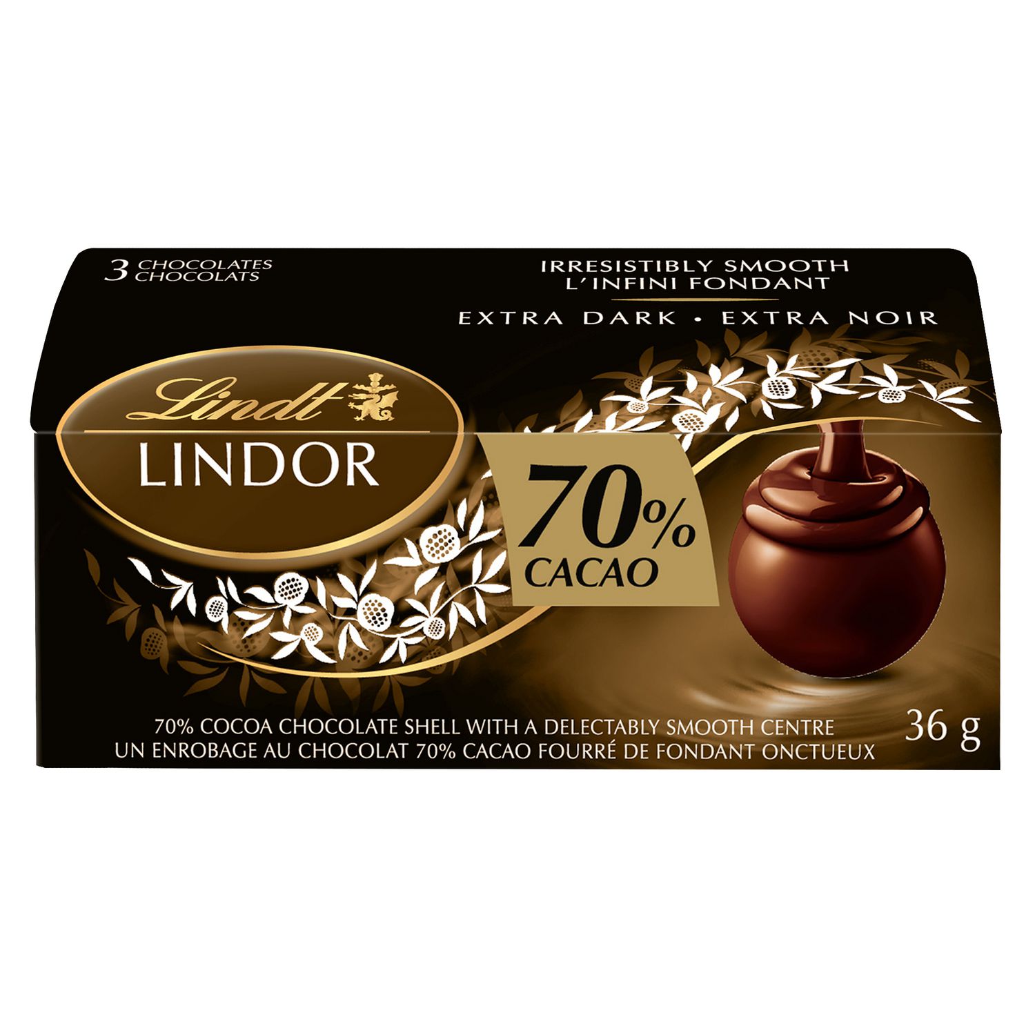 Truffes LINDOR au chocolat noir à 70 % de cacao de Lindt – Boîte de trois  (36 g) 3x12g, 36g 