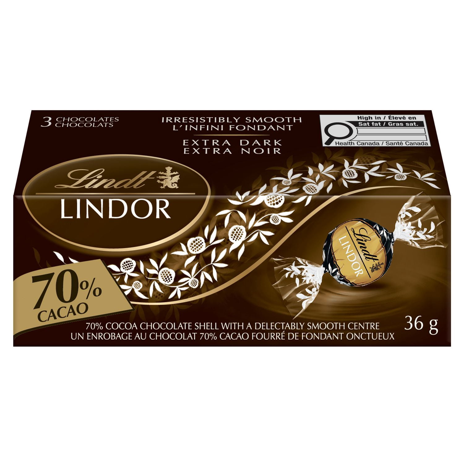 Lindt LINDOR 70% Cacao Dark Chocolate Truffles, Count of 3, 36 Gram Box