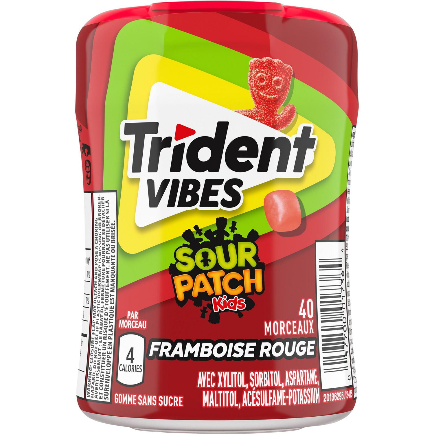 Trident Vibes Sour Patch Kids Redberry Sugar Free Gum, 40 Piece Bottle, 40 count