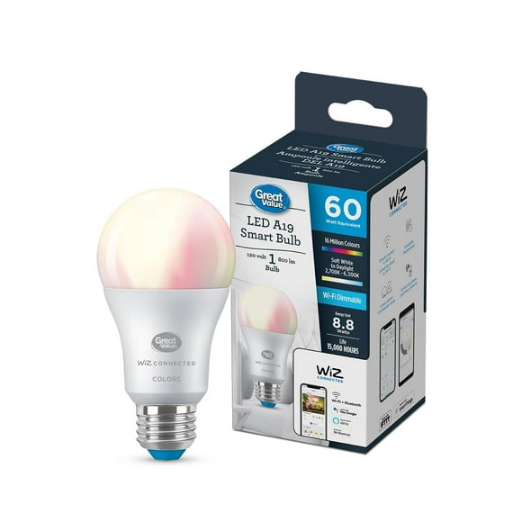 Great Value Wiz Full Colour A19 WiFi bulb, GV LED A19 WiFi 60W