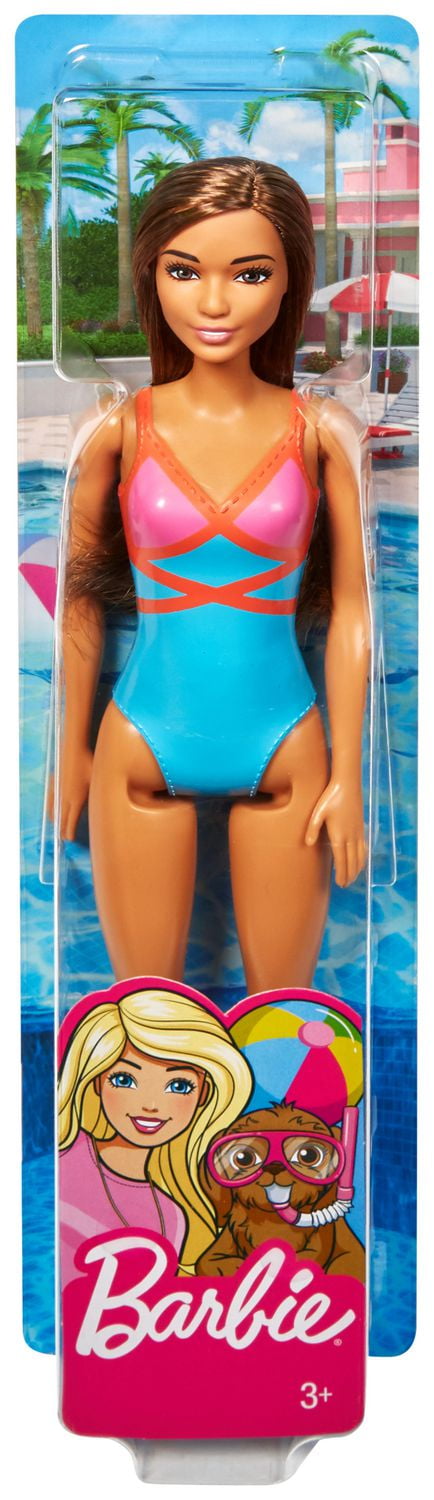 Barbie Doll Brunette Wearing Blue Pink And Orange Swimsuit For Kids 3 To 7 Years Old