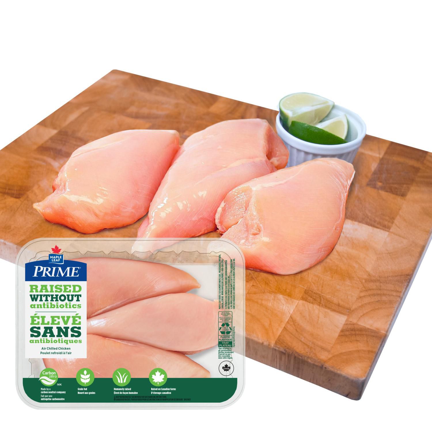 Prime Boneless Skinless Chicken Breasts Raised Without Antibiotics, 2 -4 pc, 0.53 - 0.69 KG