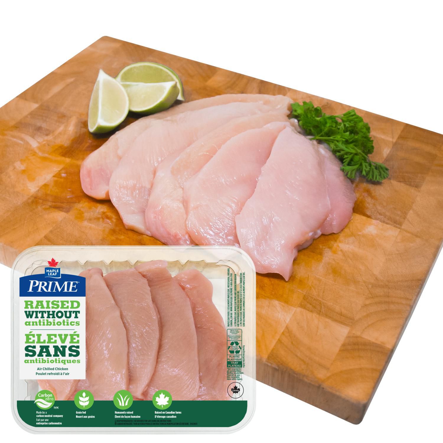 Prime Sliced Boneless Skinless Chicken Breasts Raised Without Antibiotics, 5 pc, 0.44 - 0.57 KG