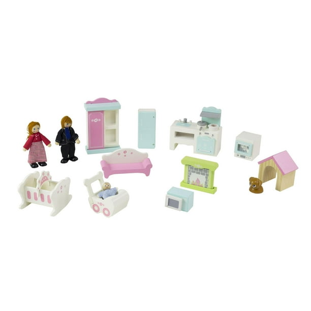 TOOKYLAND Maison de Poupée en Bois - 31pcs - Ensemble de Jeu avec 6 Poupées,  Meubles et Accessoires, 3 Ans + 