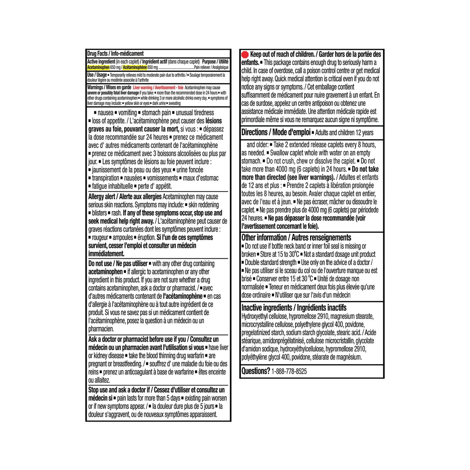 Soulagement de la douleur 8h arthritique comprimés d'acétaminophène à libération prolongée, USP Equate 50 comprimés