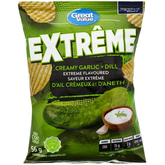 Great Value Extrême Creamy Garlic & Dill Flavoured Potato Chips, 56 g