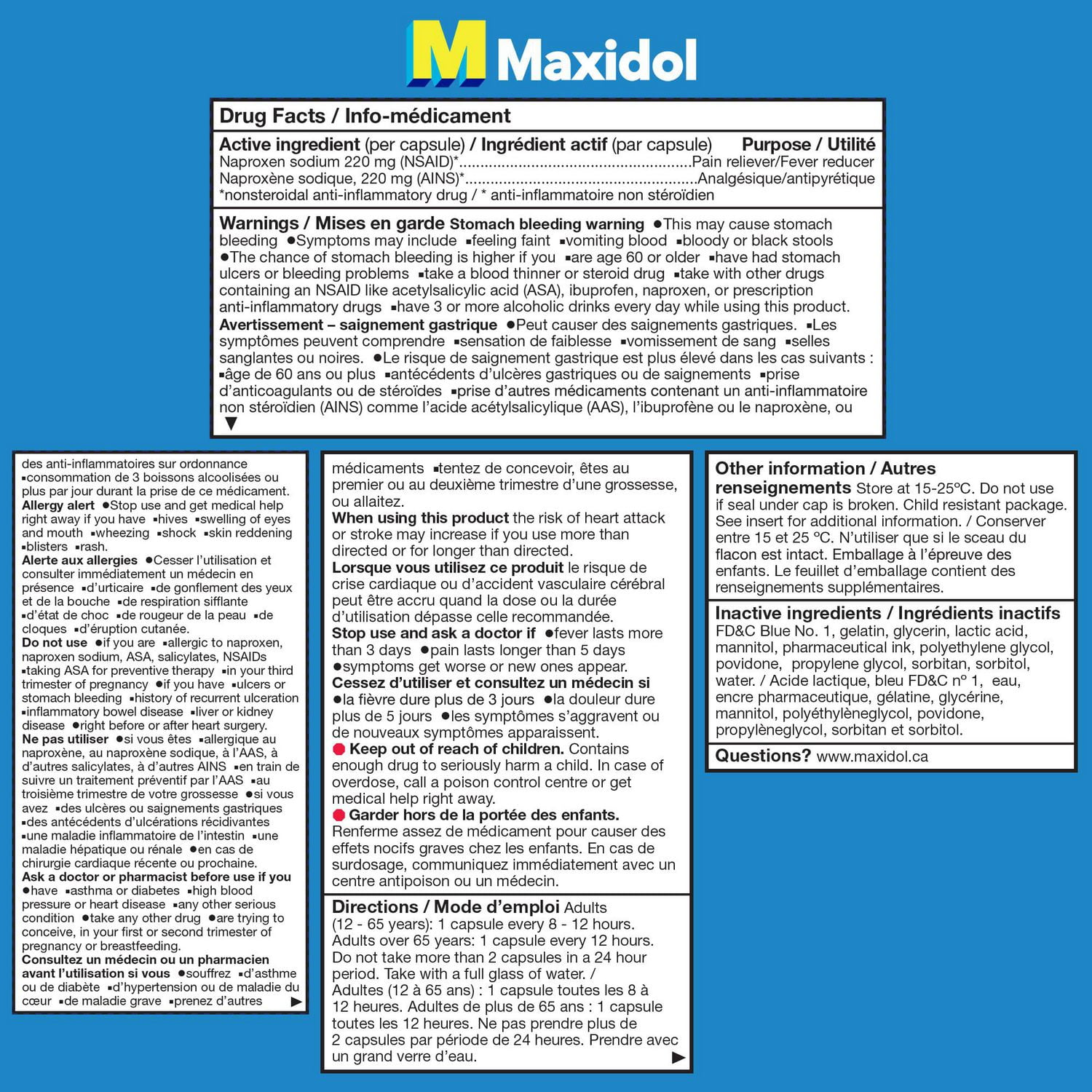 Maxidol en gélules liquides, offrant un soulagement rapide de la douleur, tels que les crampes menstruelles, les maux de tête, les maux de dos, les migraines et les douleurs musculaires, naproxène sodique à 220 mg