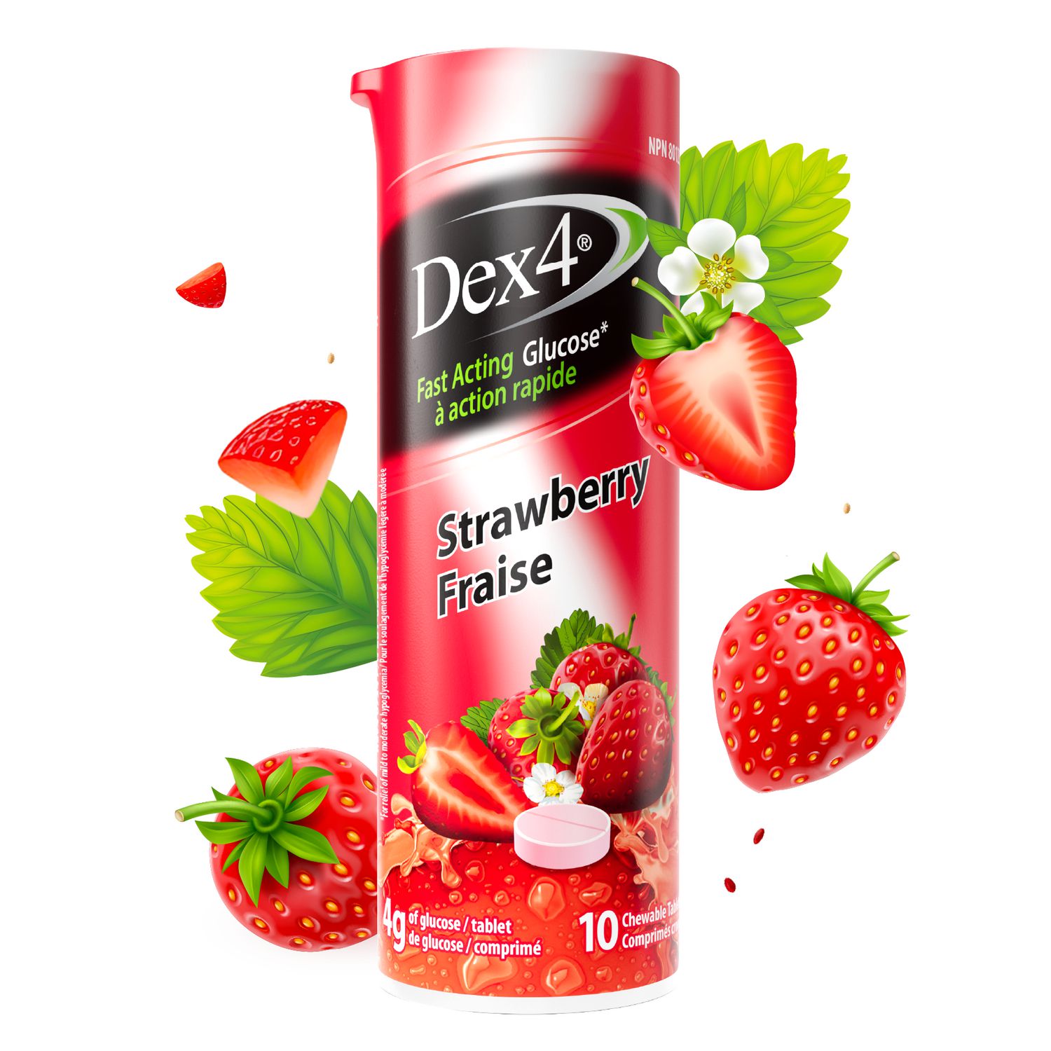 Dex4 Comprimés de glucose – Tube de voyage – Saveur fraise – 10 comprimés par tube – Comprimés de glucose à action rapide et pré-dosés – Sans gras, sans gluten, sans sodium