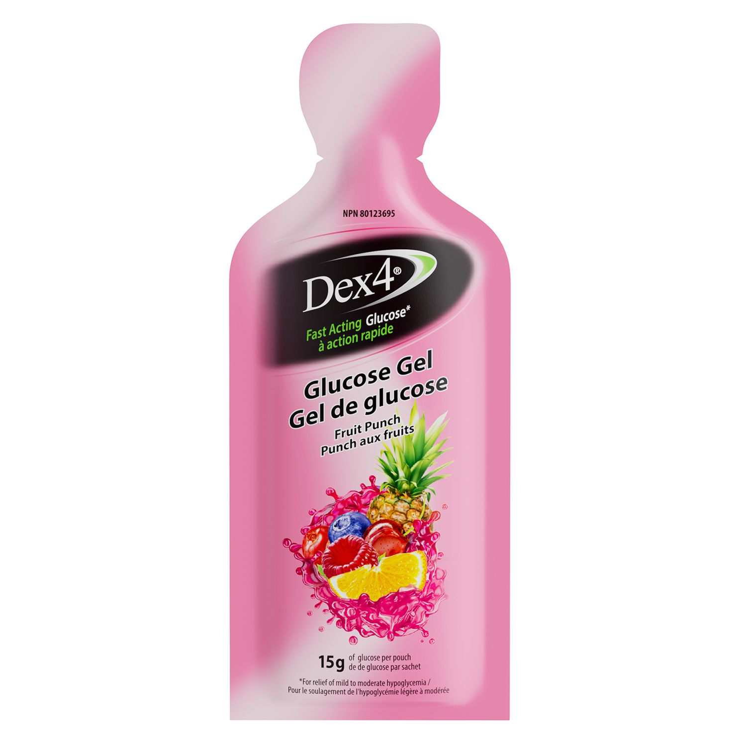 Dex4 Gel de glucose – Saveur Punch aux fruits – 15 g par sachet – Glucose pré-mesuré à action rapide, sans graisse, sans gluten, sans caféine