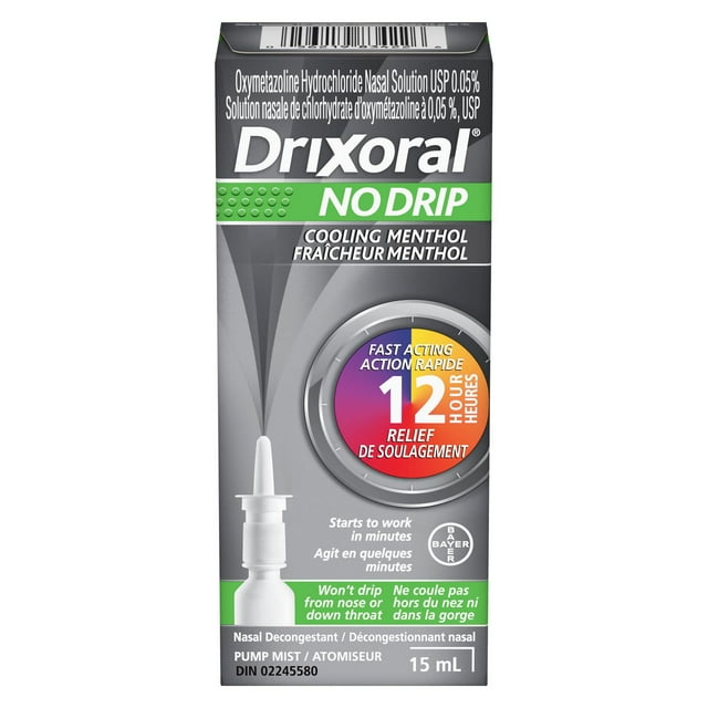 Vaporisateur Drixoral No Drip avec fraîcheur menthol, contient de l'oxymétazoline, soulage rapidement avec une sensation de fraîcheur pendant 12 heures, soulage la congestion, dégage le nez