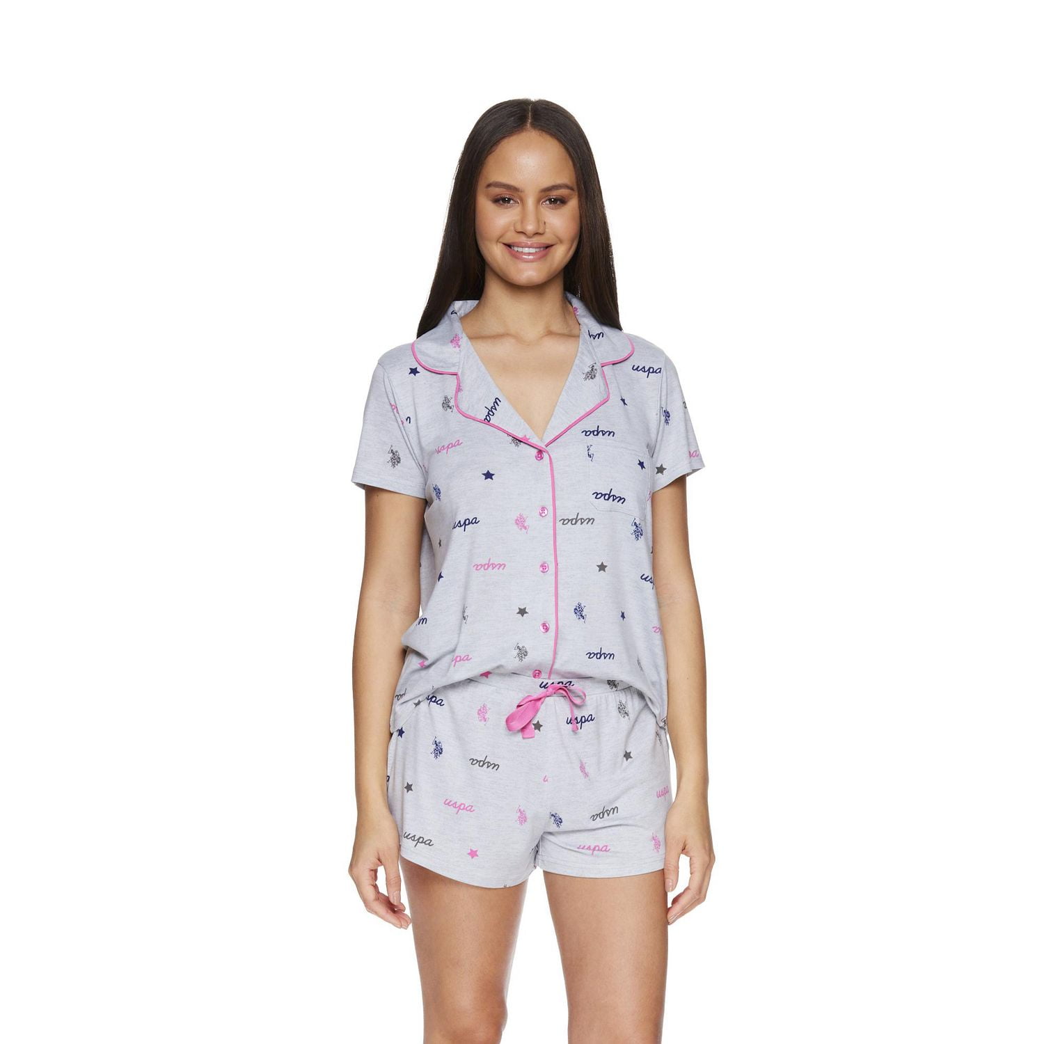U.S. Polo Assn. Women's Pajama Short Sleeve Notch Collar Knit Short Set