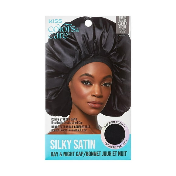 KISS Colors & Care Silky Satin Day & Night Bonnet Cap, Super Jumbo, Black, Day & Night Bonnet Cap.