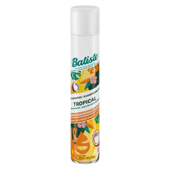 Batiste Tropical Dry Shampoo 200ml, Fragrance with hints of coconut, jasmine, and peach to leave hair smelling great, instantly refreshes and absorbs grease, Batiste Tropical 350ml