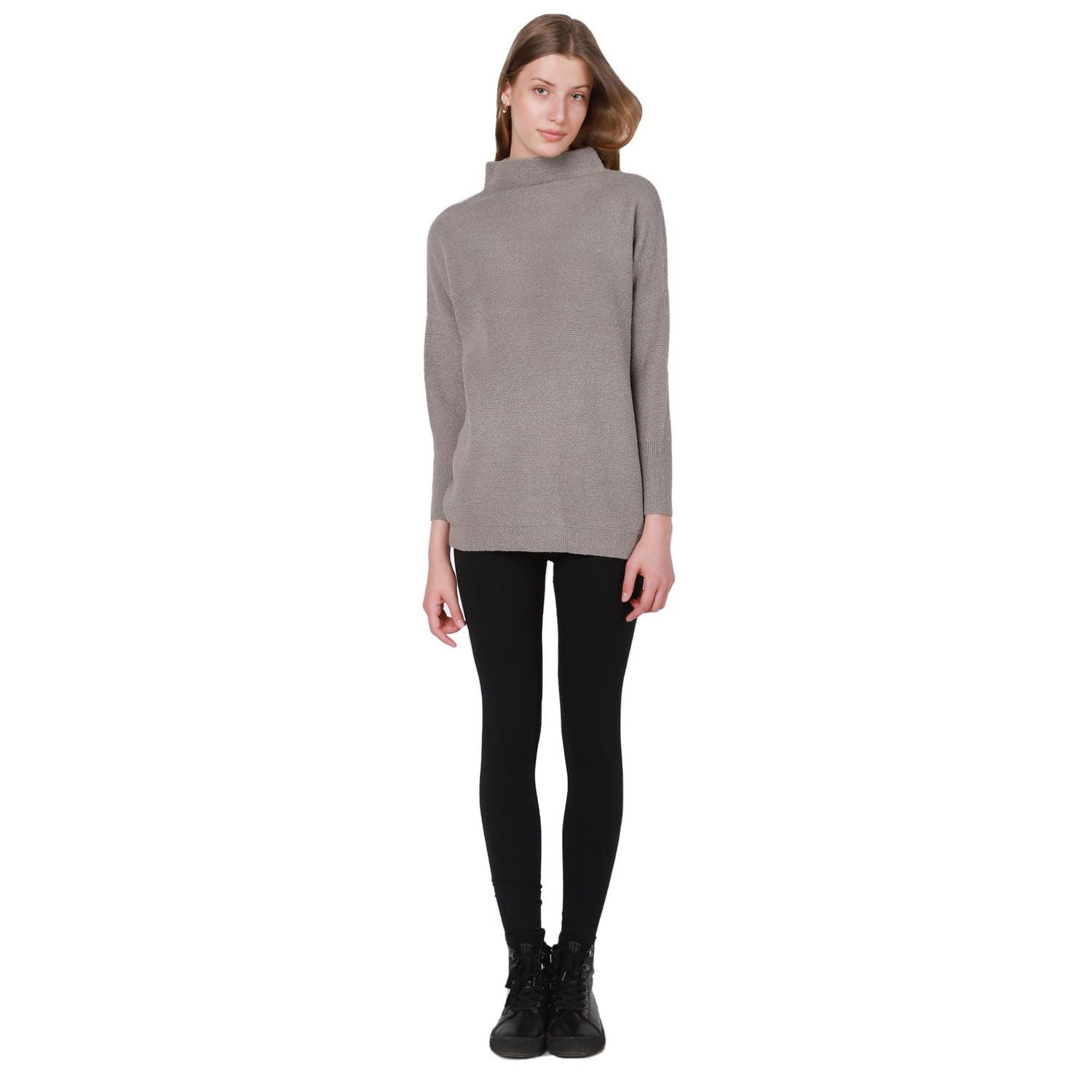 Long sleeve  cotton blend, mock neck pullover sweater