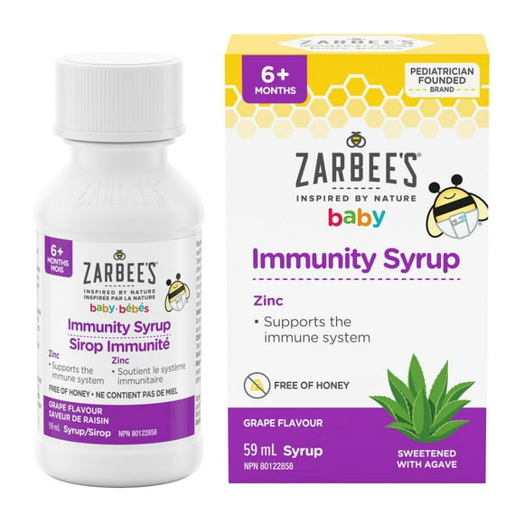 Zarbee'® Sirop Immunité pour bébés, zinc, sans miel, soutient le système immunitaire, édulcoré avec de l'agave 59 ml