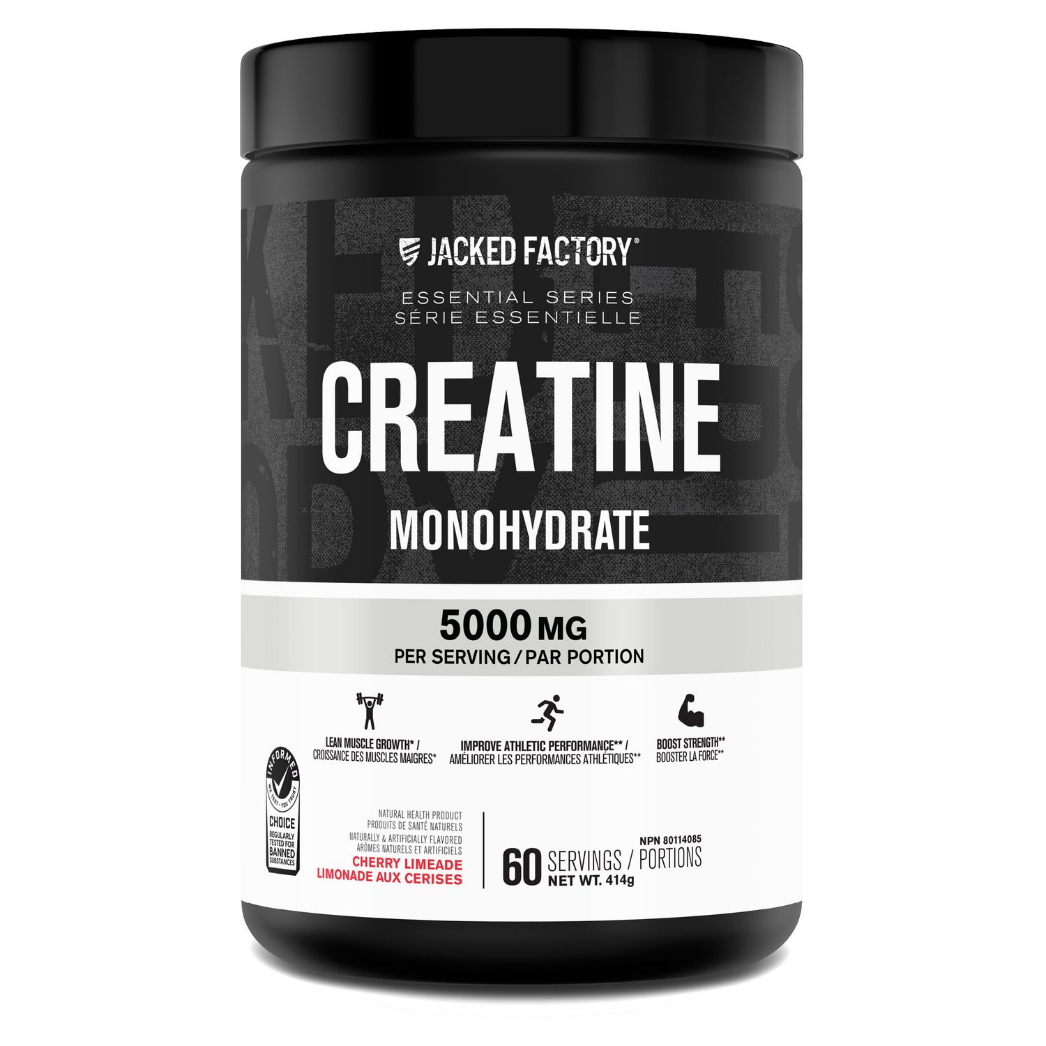 Créatine Monohydrate - Limonade Cerise, Vue Frontale d'Un Contenant de Poudre de Créatine Monohydrate pure Étiquetée 5 000 mg par Cuillère, Aromatisée à la Limonade Cerise et Montrée avec Cuillère; pour Mélange avec Pré-Entraînement, Protéine Ou BCAA et Convient pour l'Ajout aux smoothies Ou aux Paquets de Suppléments de Voyage.