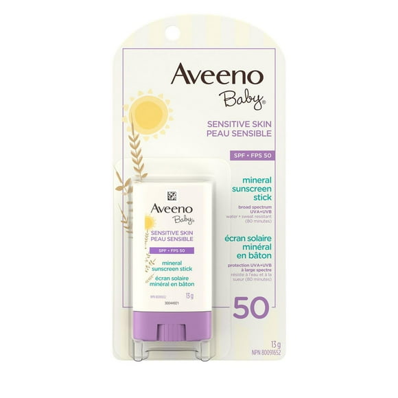 Aveeno Baby Sensitive Skin Mineral Sunscreen Stick SPF 50 with 100% Zinc Oxide, for Face & Body, Sweat- & Water-Resistant Kids Sunscreen Stick, Travel Size, 13 g