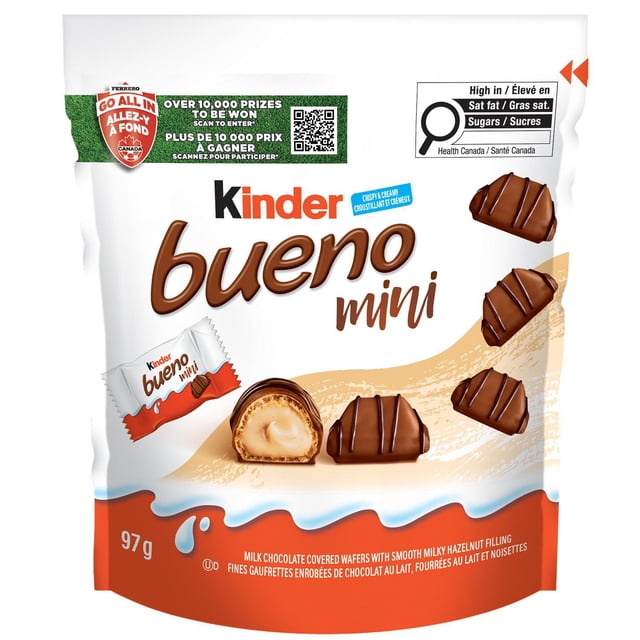 KINDER BUENO Mini Milk Chocolate Covered Crispy Wafers With Hazelnut Cream, 18 Individually Wrapped Mini Wafer Bars Per Pack, 97 g