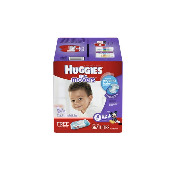 Couches Huggies Little Movers Giga avec emballage de lingettes One and Done gratuit