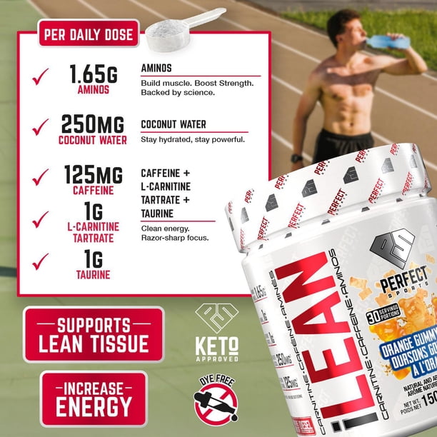 iLEAN Weight Loss + Energy with Caffeine, PERFECT Sports, L-Carnitine &  Taurine, Orange Gummy Bears, 300 g
