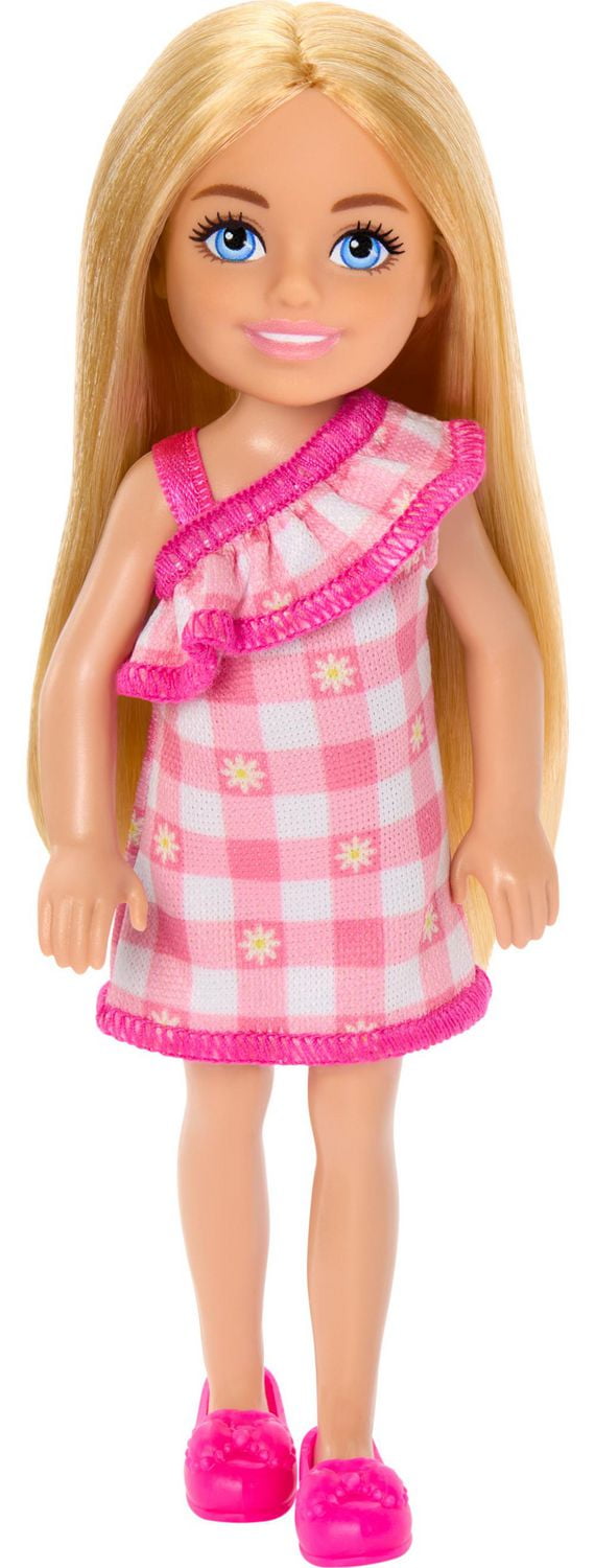 Barbie Chelsea Doll Small Doll Wearing Removable Checked Dress with Blonde Hair Blue Eyes