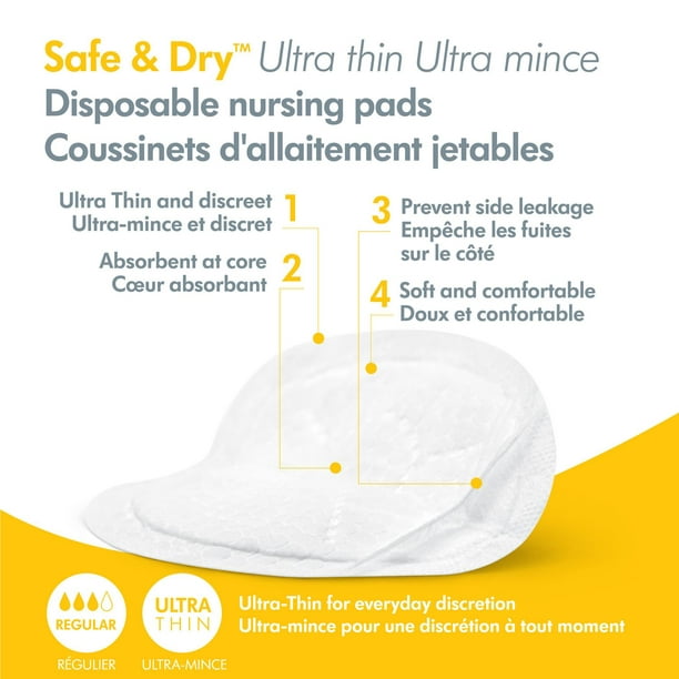 Medela Safe & Dry Ultra Thin Disposable Nursing Pads, 30 Count Breast Pads  for Breastfeeding, Leakproof Design, Slender and Contoured for Optimal Fit
