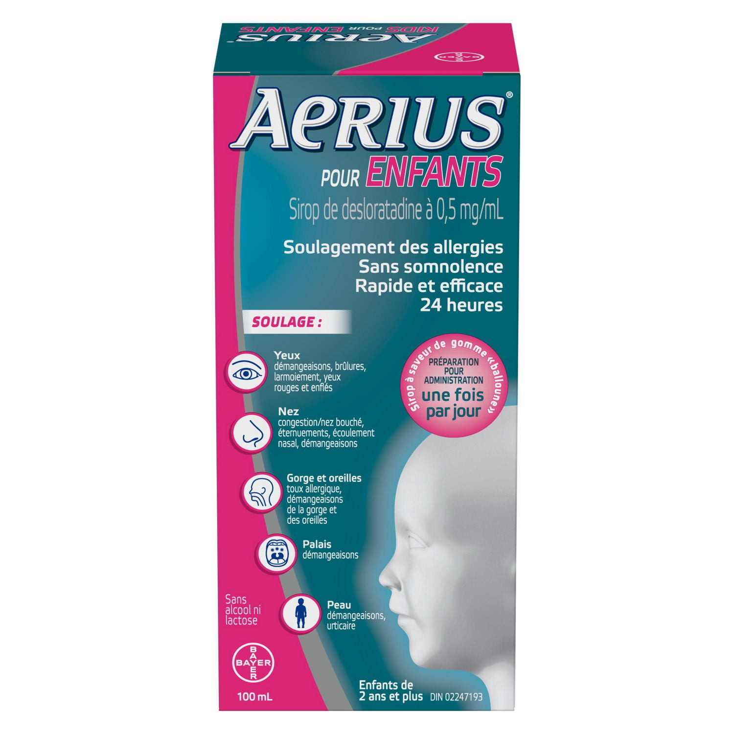 Aerius Allergies pour enfants, sirop pour un soulagement sans somnolence durant 24 heures, arôme de gomme balloune 100 mL.