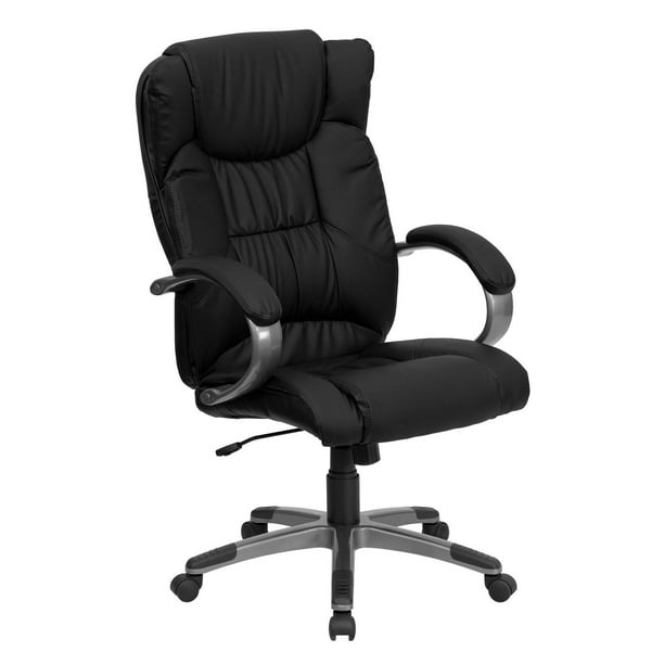 Chaise de bureau exécutive pivotante en cuir noir à dossier haut avec base en nylon titane et appuis-bras en boucle