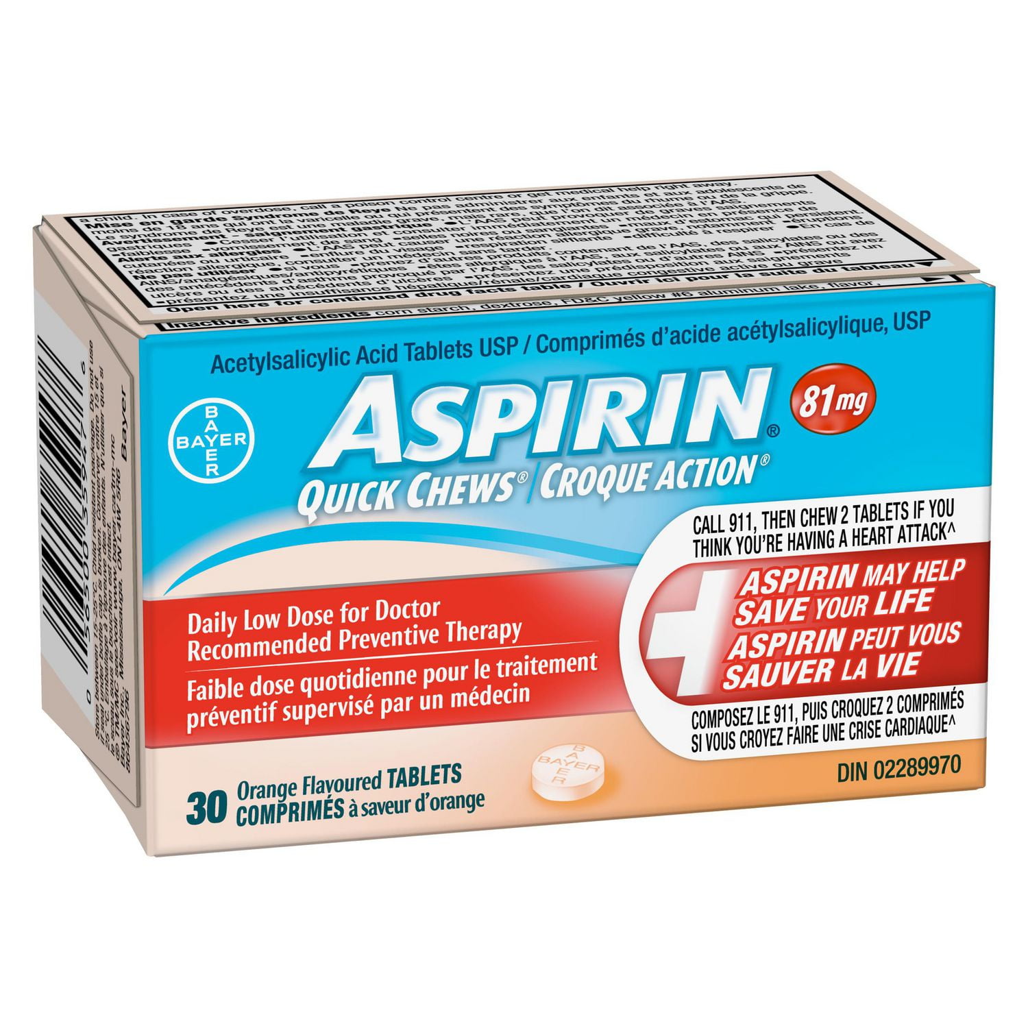 ASPIRIN Croque action faible dose quotidienne à 81 mg, saveur d’orange 30 unités