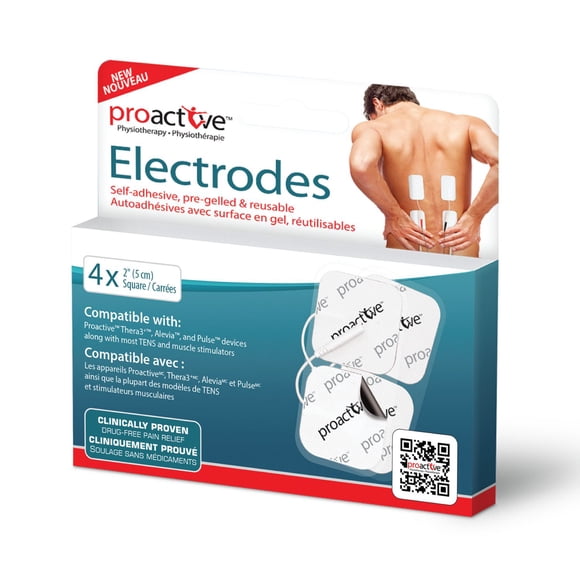 ProActive TENS – Électrodes carrées autocollantes réutilisables de 5,1 cm – Compatible avec les appareils TENS et EMS – Sans latex, hypoallergénique, pré-gélifié – Pour soulager la douleur et stimuler