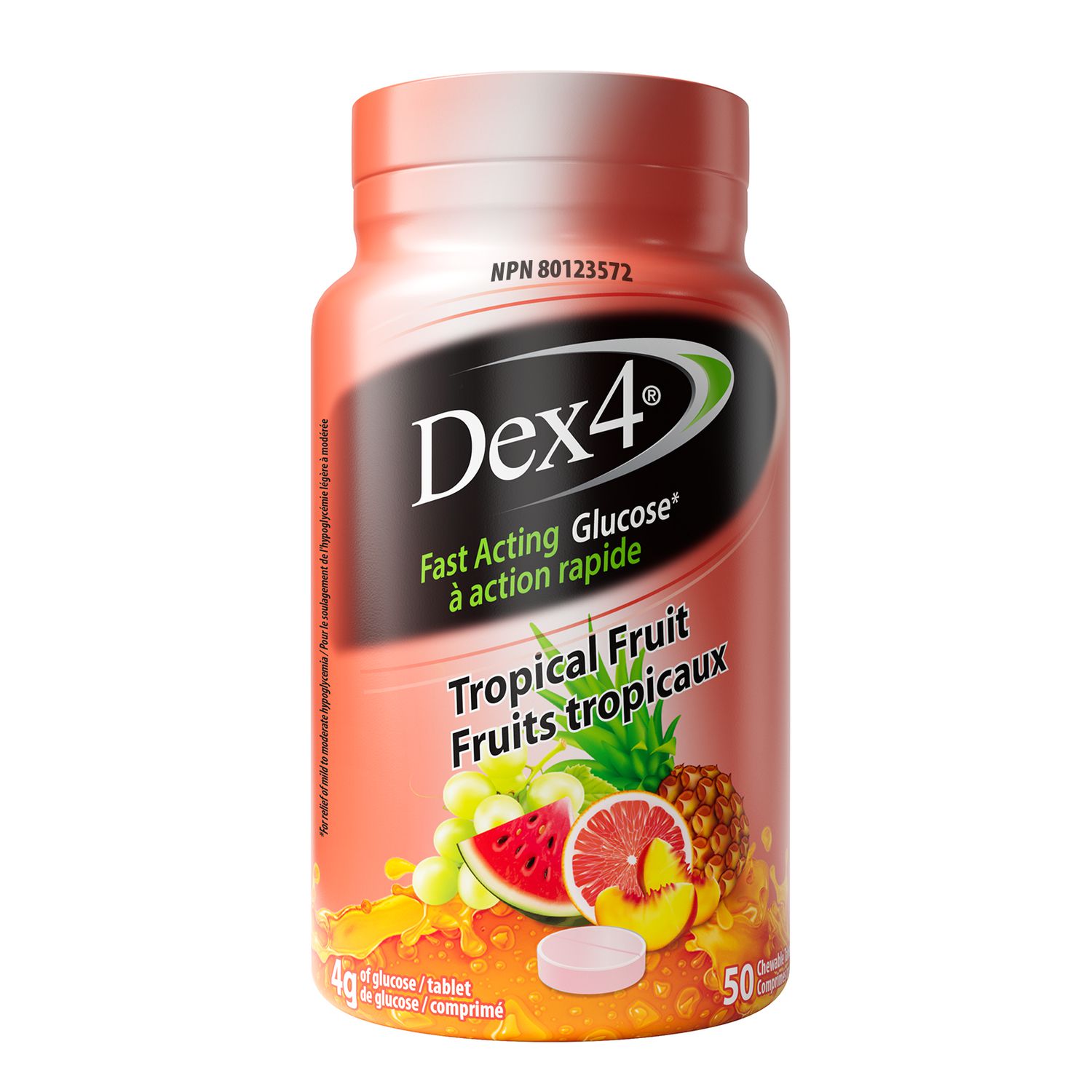 Dex4 Comprimés de Glucose - 50 comprimés par bouteille - Saveur fruits tropicaux - Comprimés de glucose pré-mesurées à action rapide - Sans gras, sans gluten, sans sodium