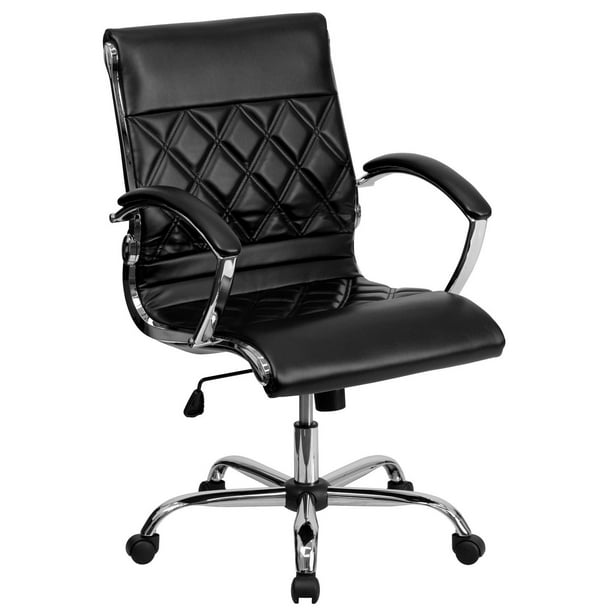 Chaise exécutive pivotante design du créateur en cuir noir à dossier mi-hauteur avec base chromée et appui-bras
