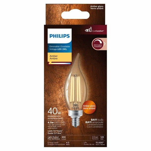 Philips Led 40w Vintage Style Dimmable Candle B11 Bulb Candelabra Base E12 Amber Glass Phl 