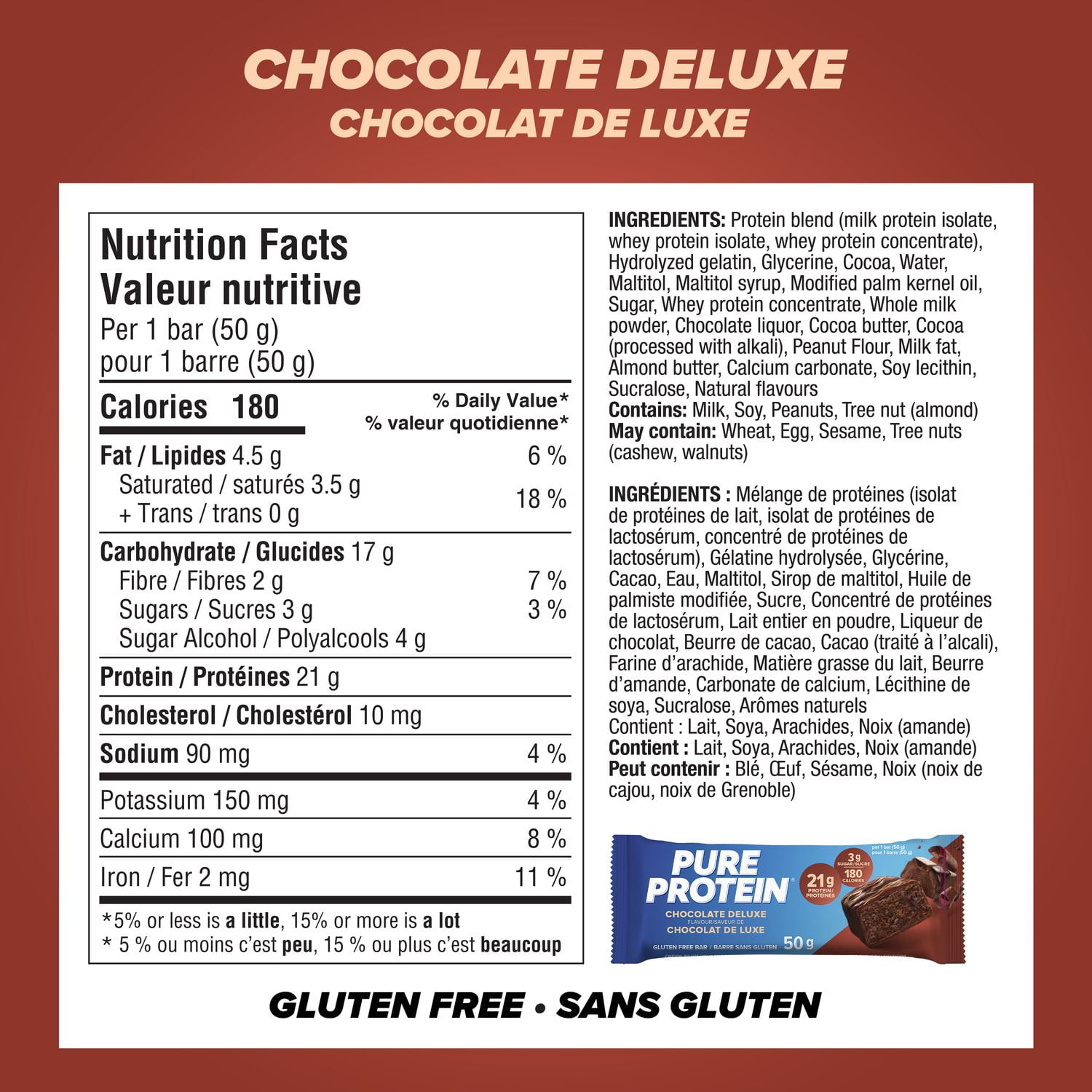 Pure Protein Chocolate Deluxe  Bars - High Protein Snack with Whey Blend, Low Sugar, Gluten Free, Made in Canada (Pack of 6), Chocolate whey protein bar