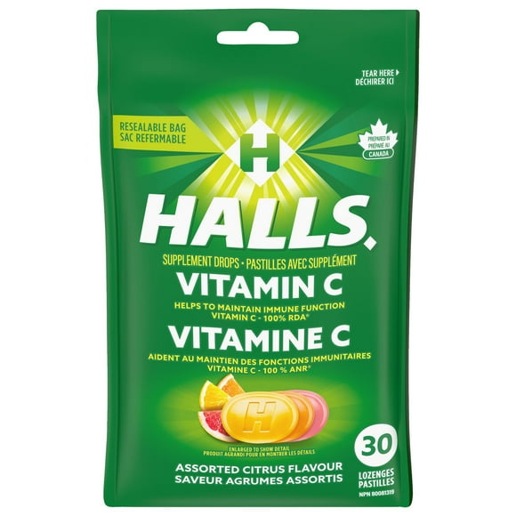 HALLS Vitamin C Assorted Citrus, Supplement Drops, 30 Lozenges