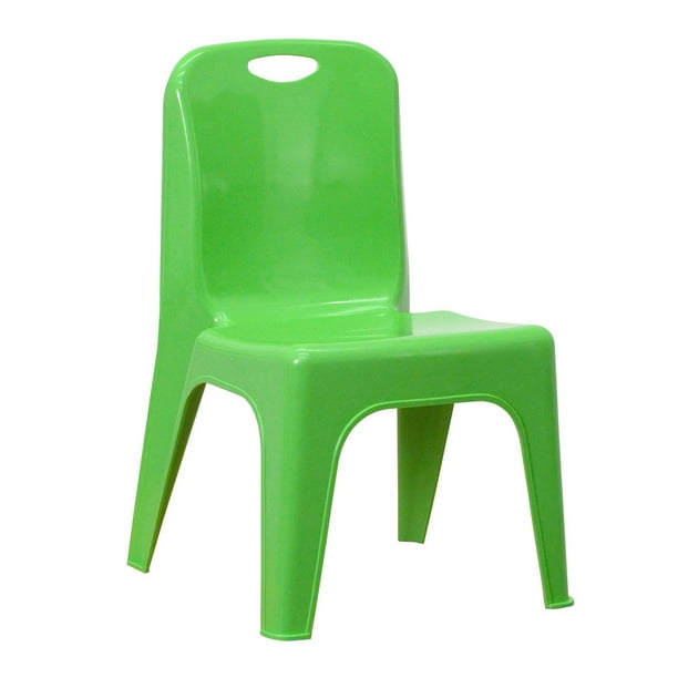 Chaise d’école empilable en plastique vert avec poignée de transport et siège de 11 po de hauteur