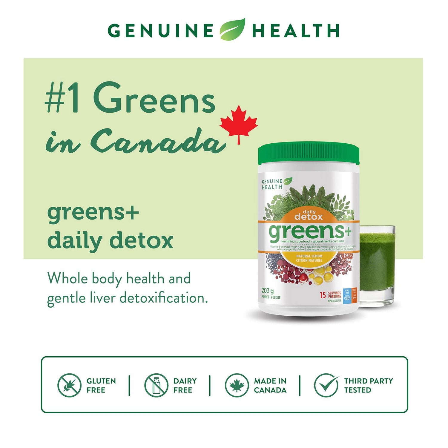 Genuine Health Greens+ Detox Superfood Greens Powder Natural Lemon flavour, 15 servings, 203g, Antioxidants and Polyphenols for daily liver and kidney toxin cleanse, non-GMO