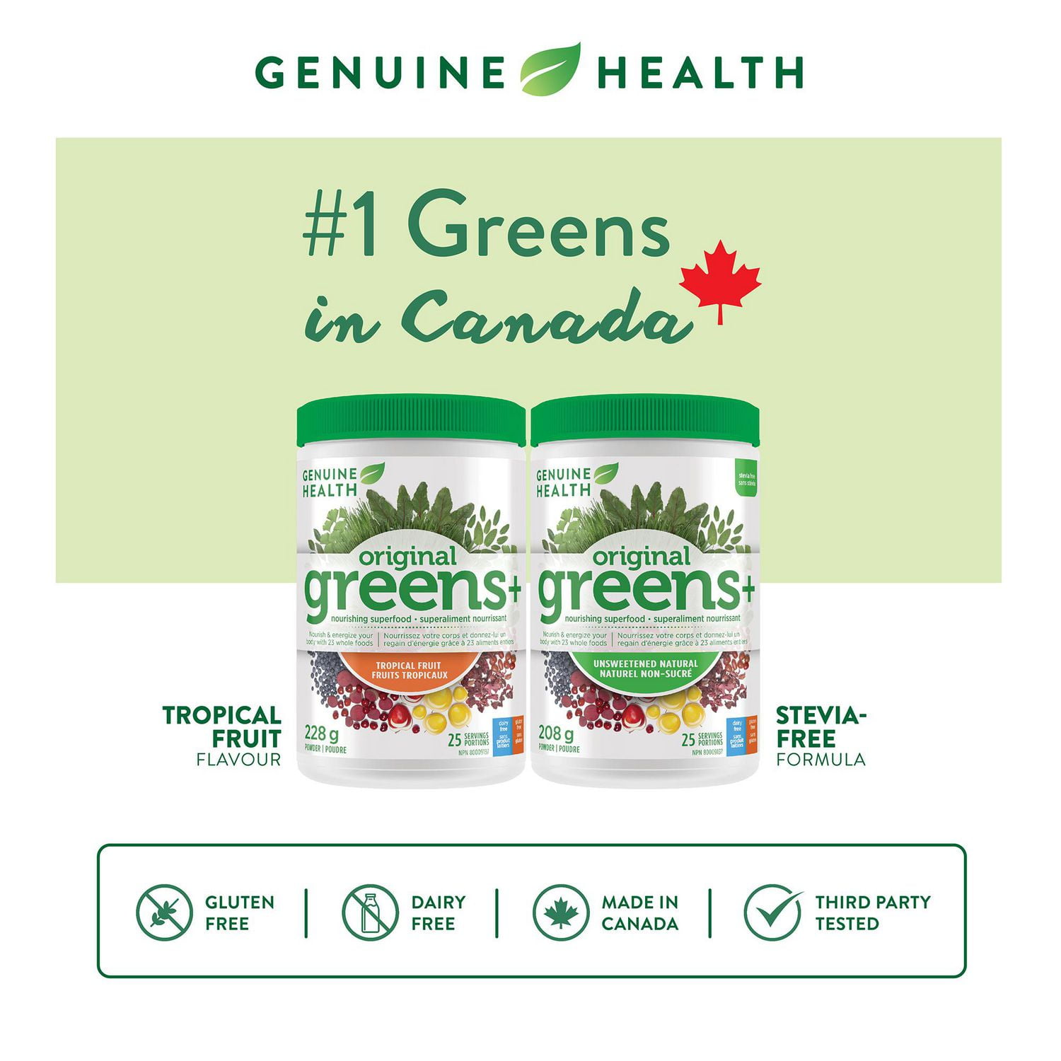 Genuine Health Greens+ Original Superfood Greens Powder fruits tropicaux 25 portions, 228gr