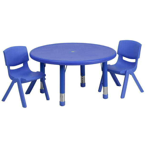 45'' Round Blue Plastic Height Adjustable Activity Table Set with 2 ...